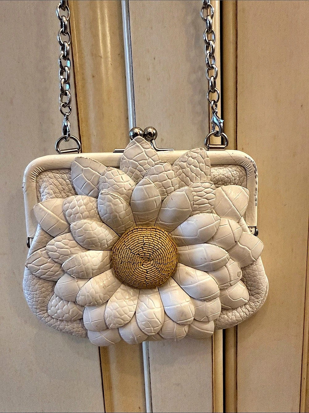 Floral Chain Clutch in White & Gold